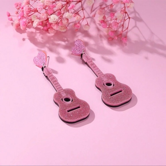 Acrylic Pink Glitter Guitar Earrings - Picture 3 of 4